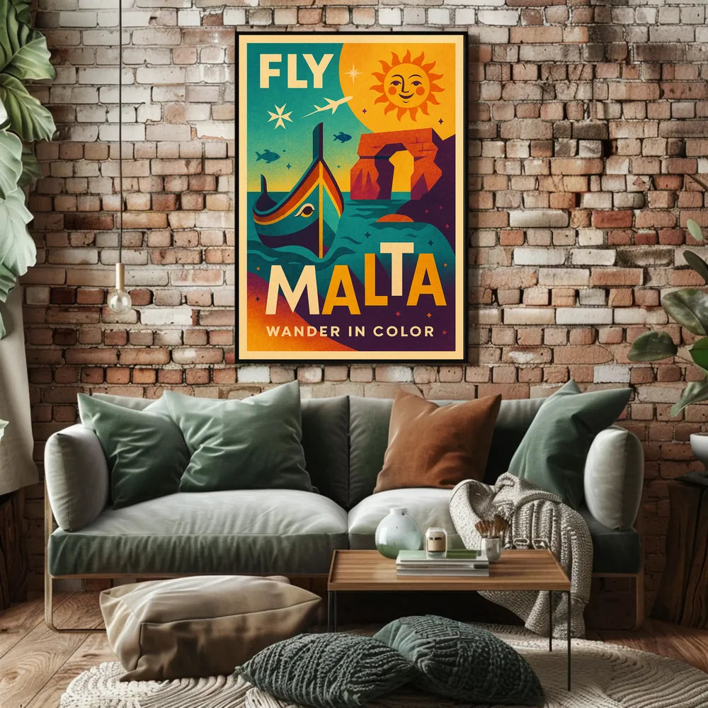 FLY MALTA Vibrant Retro Travel Adventure Poster PosterGoat