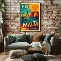 FLY MALTA Vibrant Retro Travel Adventure Poster PosterGoat