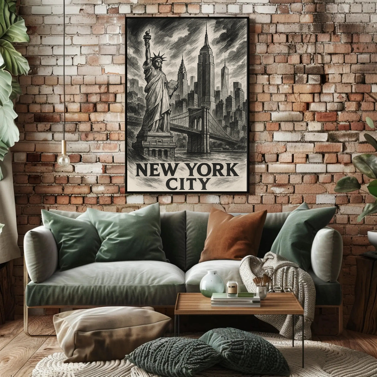New York City Poster Vintage Sketch Landmarks Wall Art
