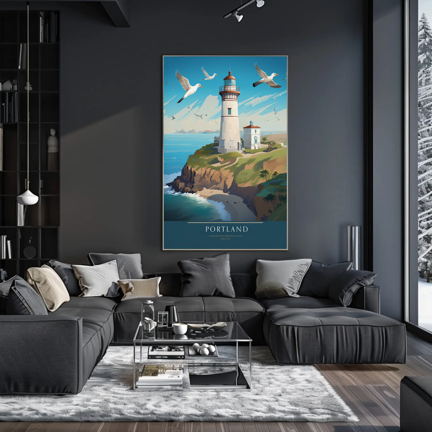 Portland Coastal Lighthouse and Seagulls Travel Poster