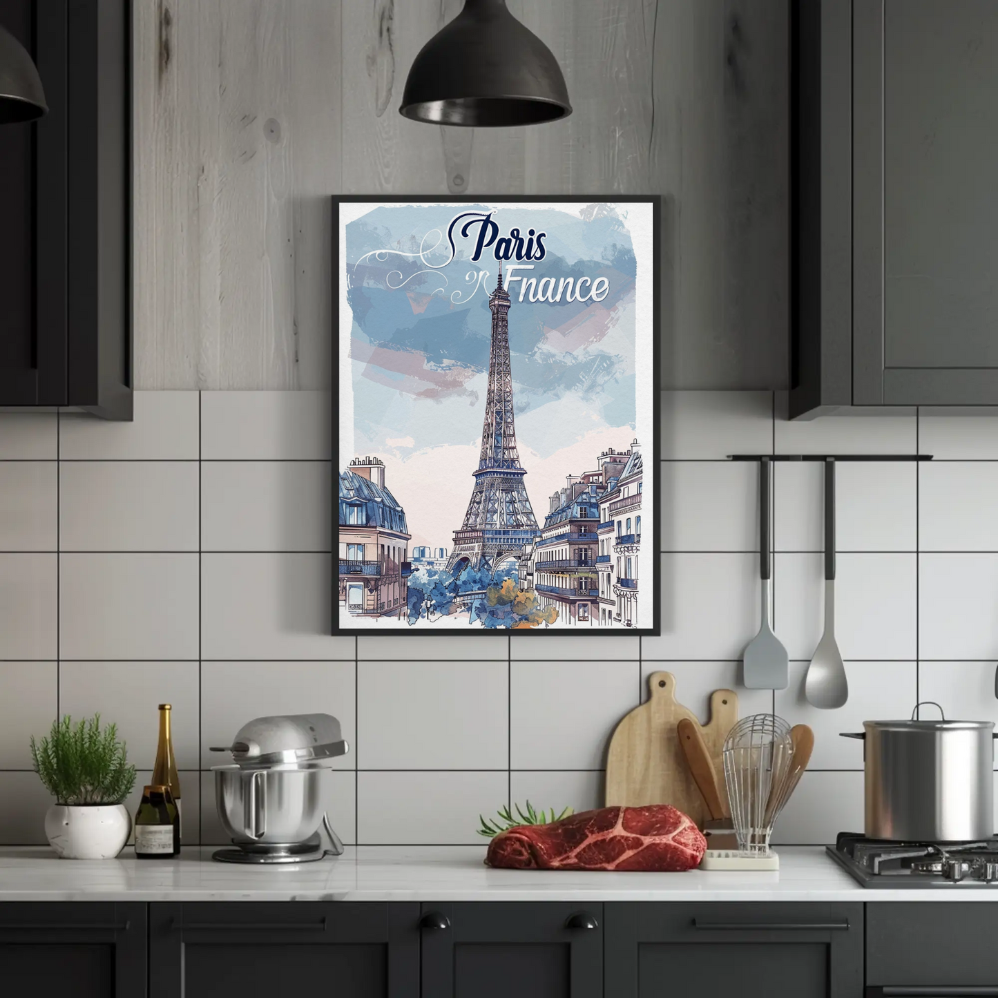 Paris France Watercolor Eiffel Tower View