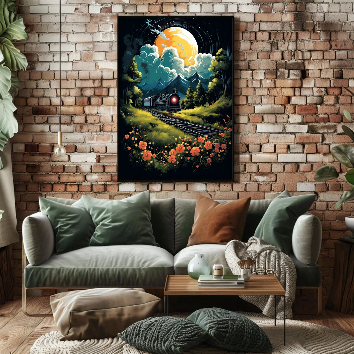 Moonlit Journey Vintage Train Surrealism Floral Meadow Night Travel Nostalgic Romance Poster