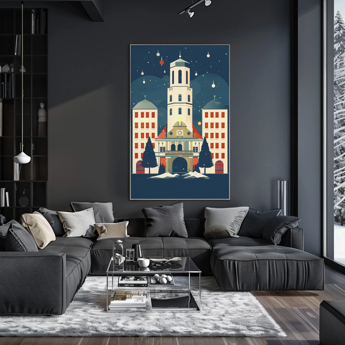 Winter Town Hall Scene With Stars Travel Poster