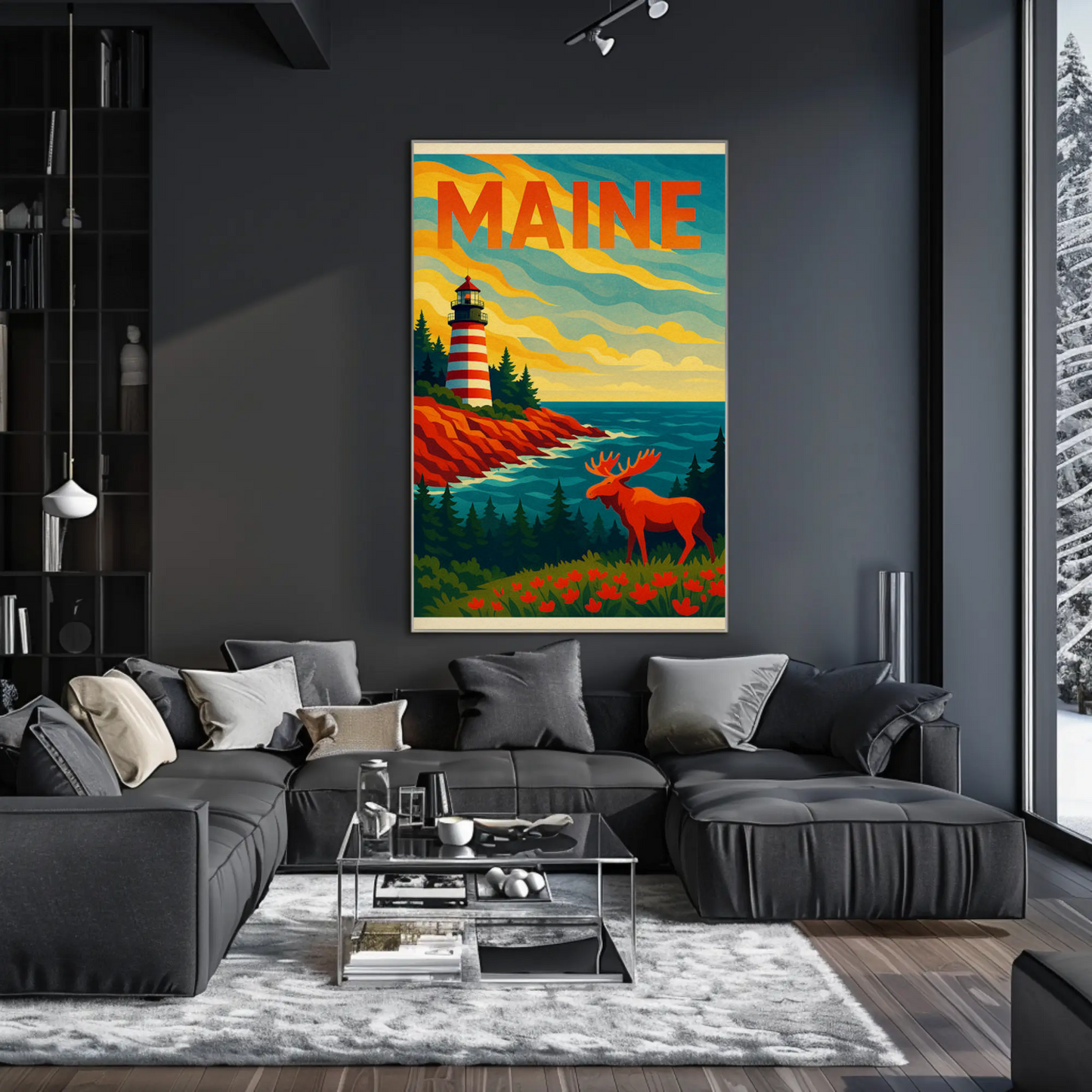 Maine Lighthouse Moose Forest Coastal View Poster