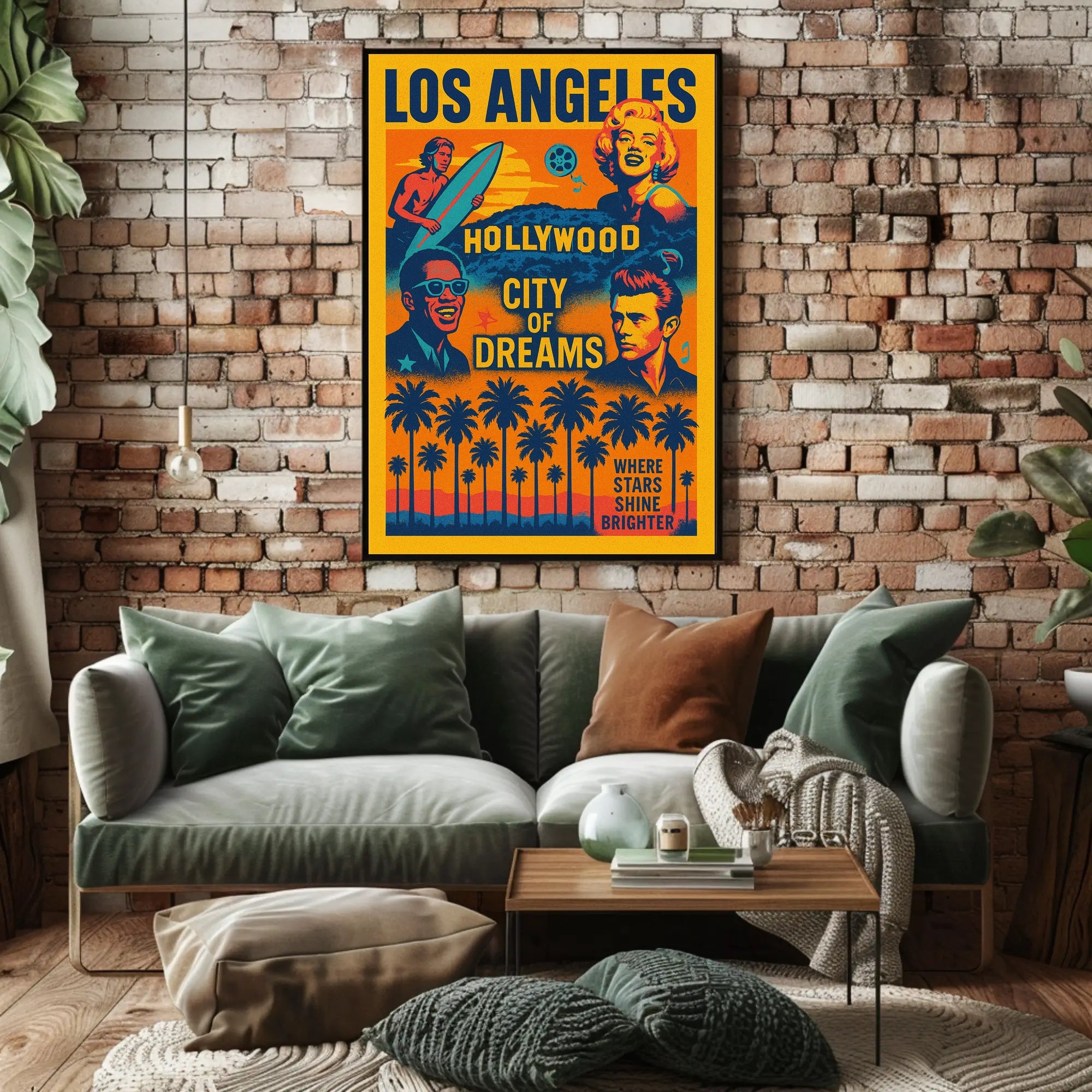 The poster is a vibrant tribute to Los Angeles, specifically highlighting Hollywood as Travel Poster