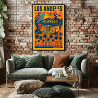 The poster is a vibrant tribute to Los Angeles, specifically highlighting Hollywood as Travel Poster