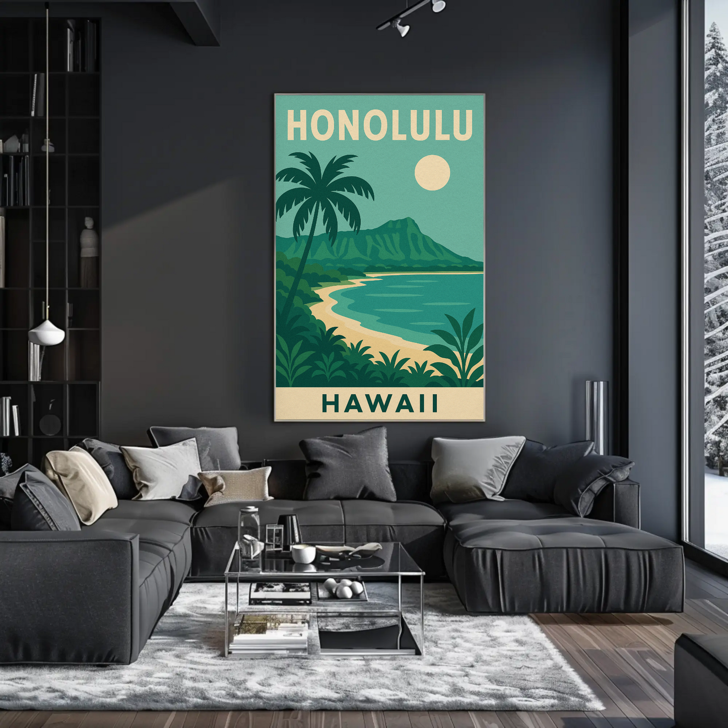 Honolulu Hawaii Beach Palm Trees Coastline Travel Poster