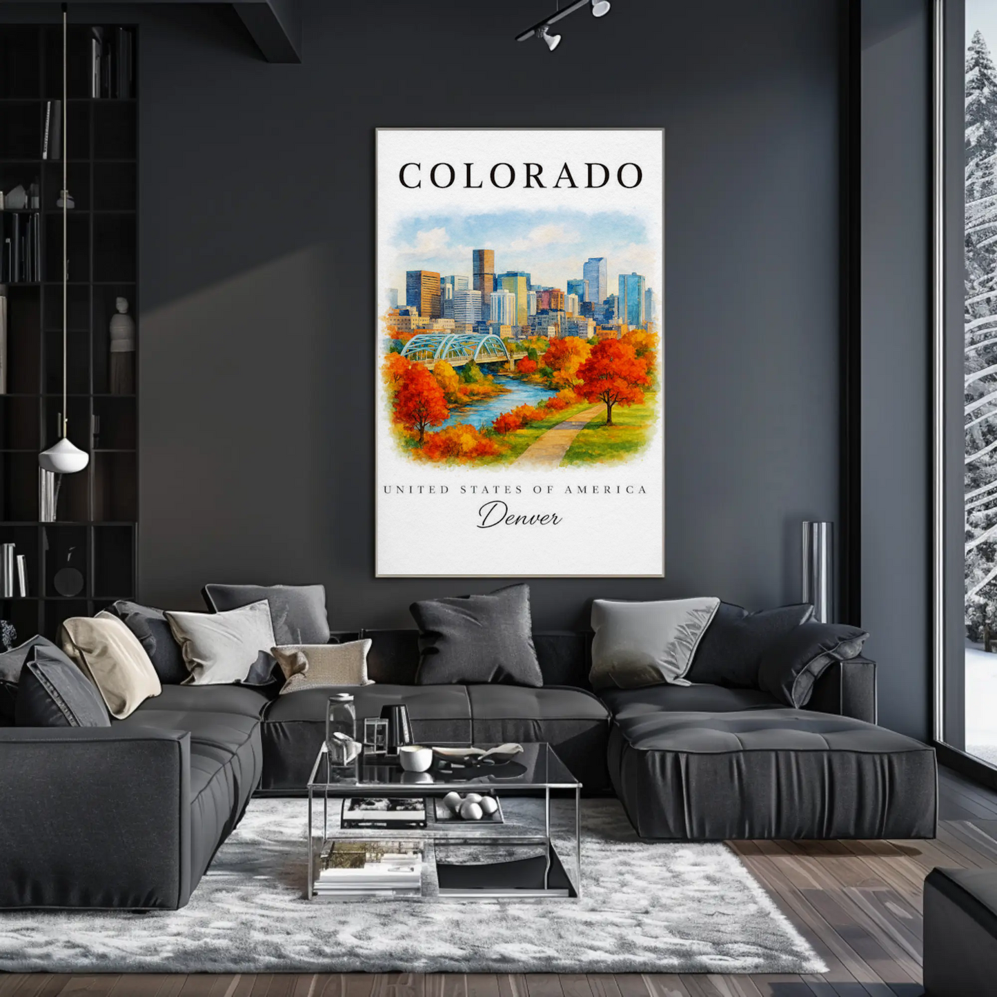 Denver Skyline Autumn Path River Travel Poster