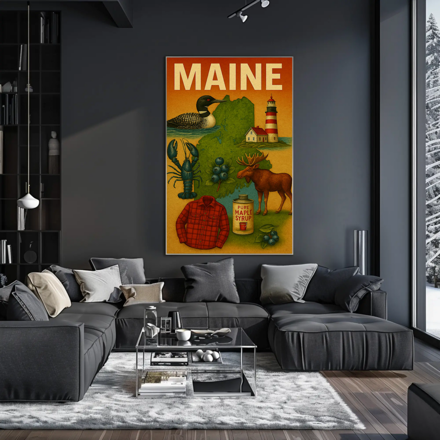 Maine State Symbols Moose Maple Lighthouse Poster