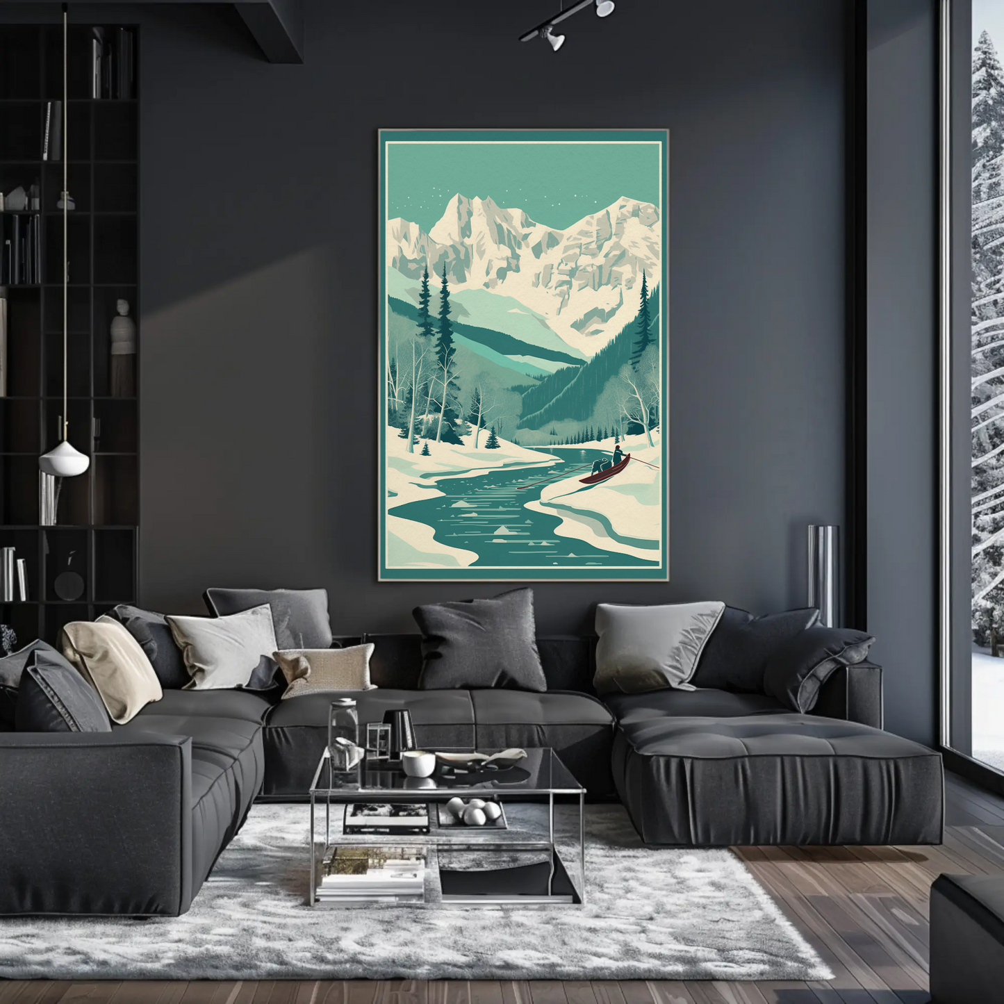 Snowy Alpine Mountain Rowboat Scene Travel Poster
