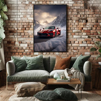 Red Sports Car in Snowy Mountains Poster PosterGoat