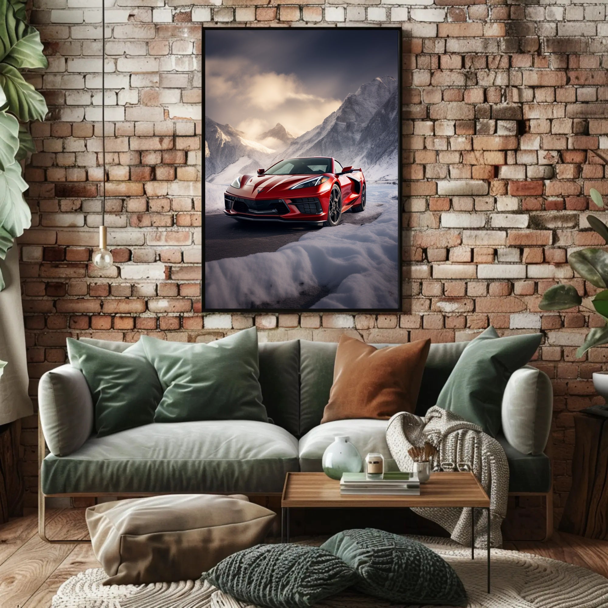 Red Sports Car in Snowy Mountains Poster PosterGoat