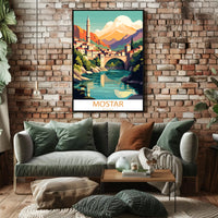 Mostar Vibrant Arched Bridge Travel Poster