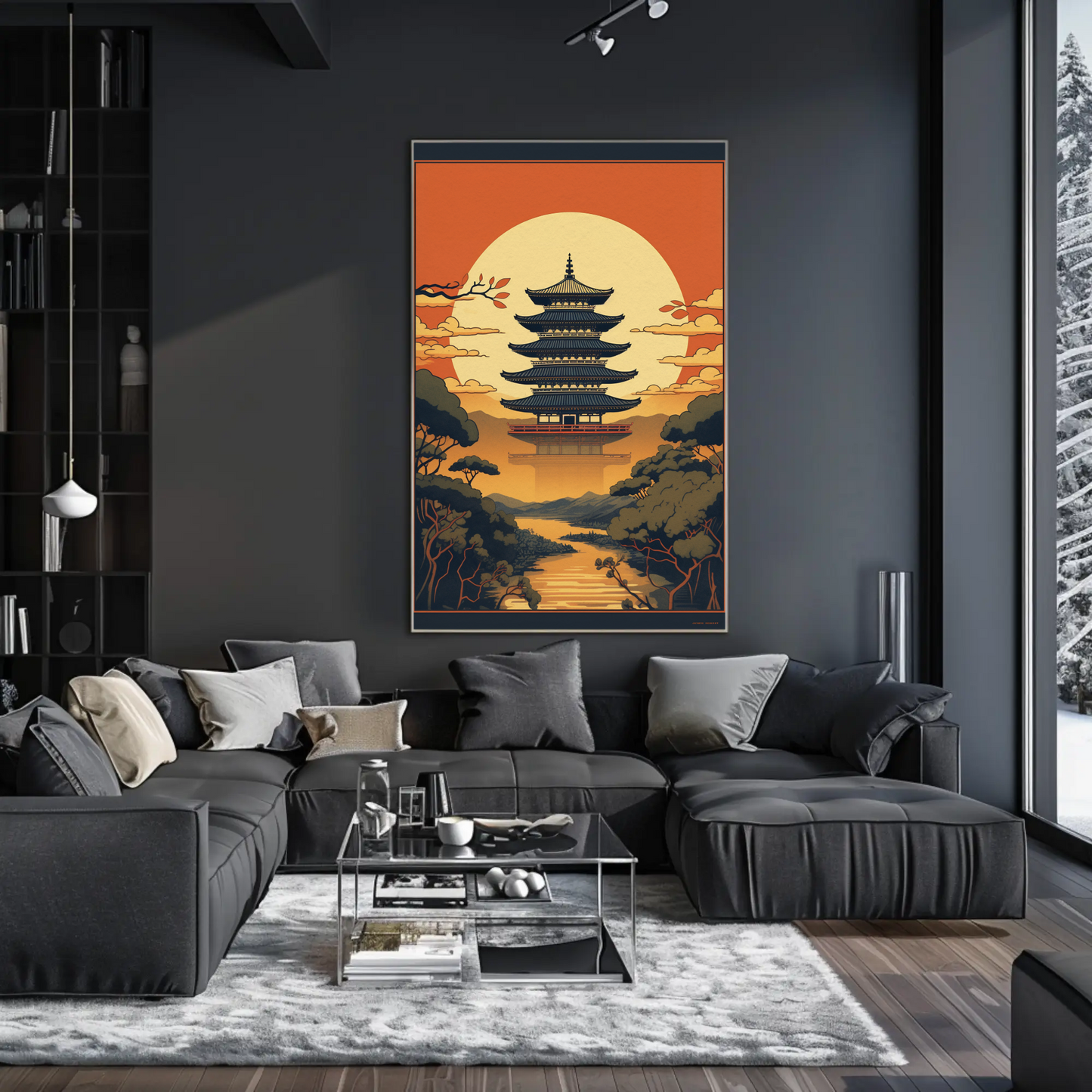 Japanese Temple Sunset Silhouette Travel Poster