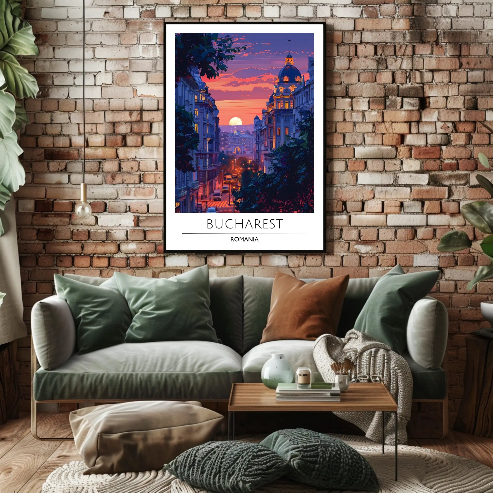 Bucharest Evening Street Scene at Sunset Travel Poster