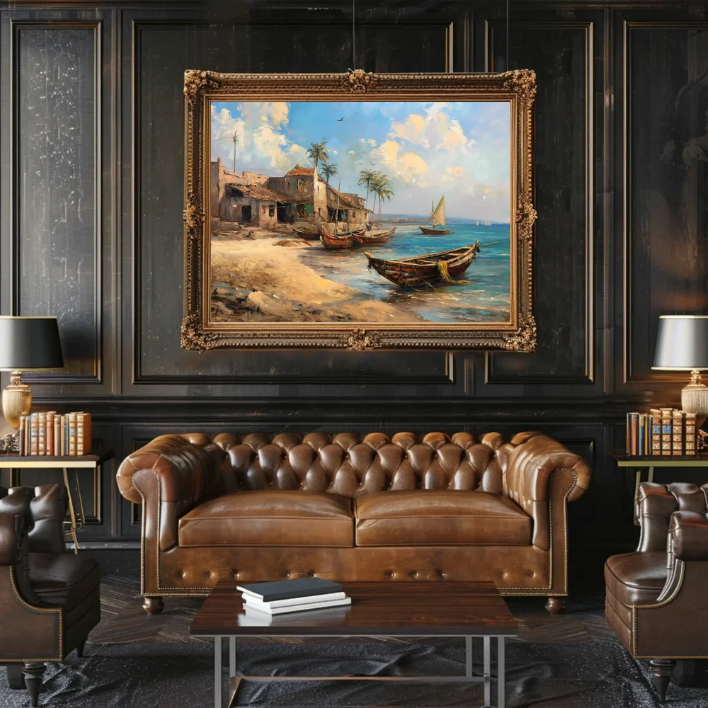 Serene Coastal Village Vintage Art Poster