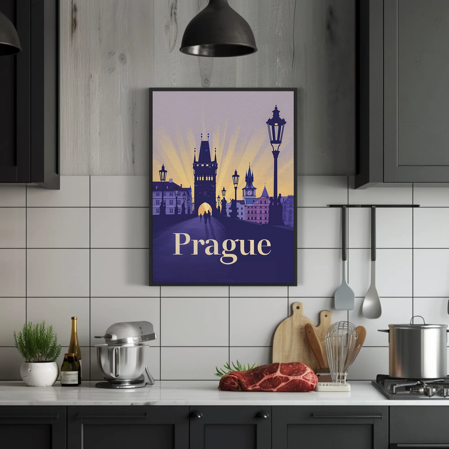Prague Charles Bridge Sunset Silhouettes Poster