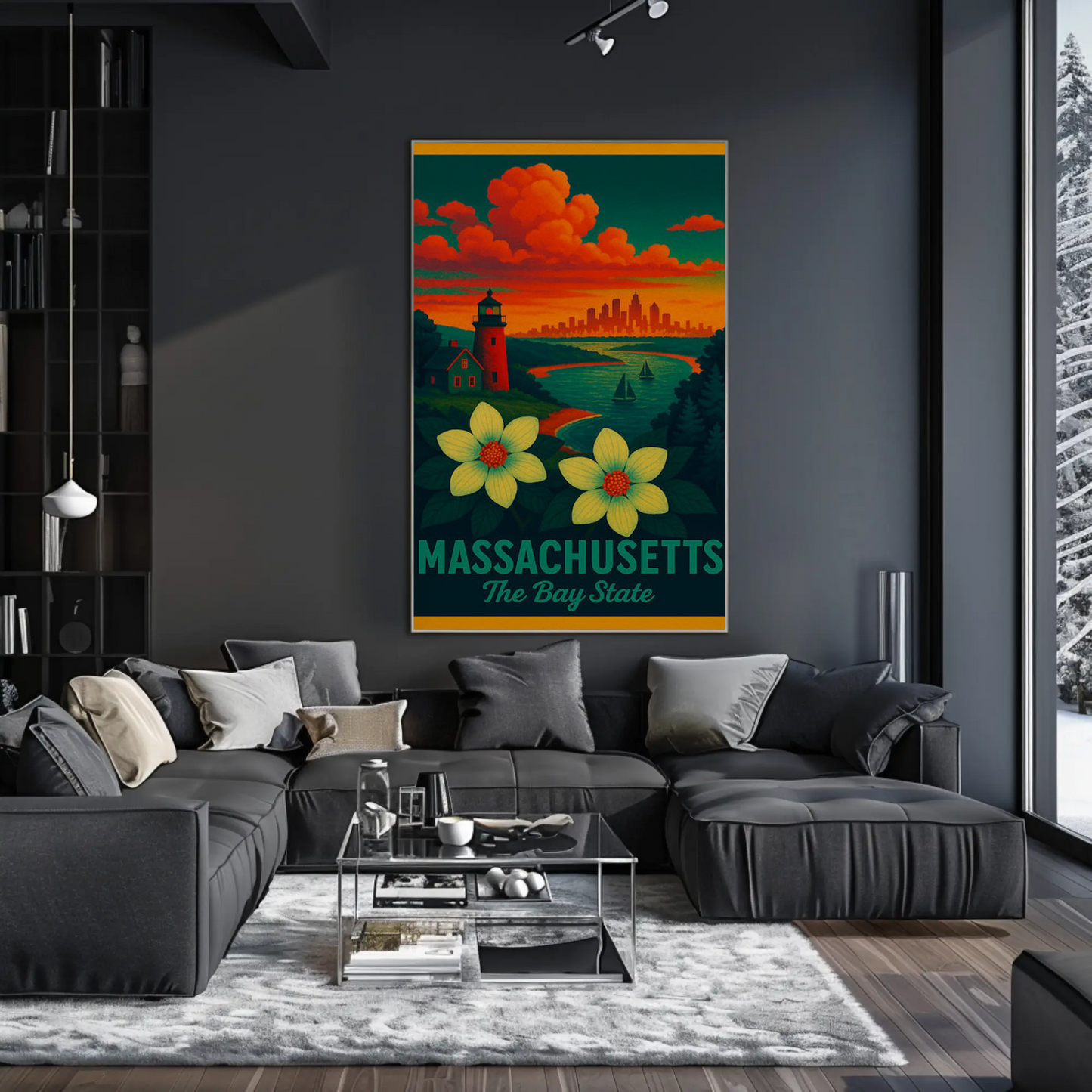 Massachusetts Bay State Sunset Lighthouse Flowers Poster