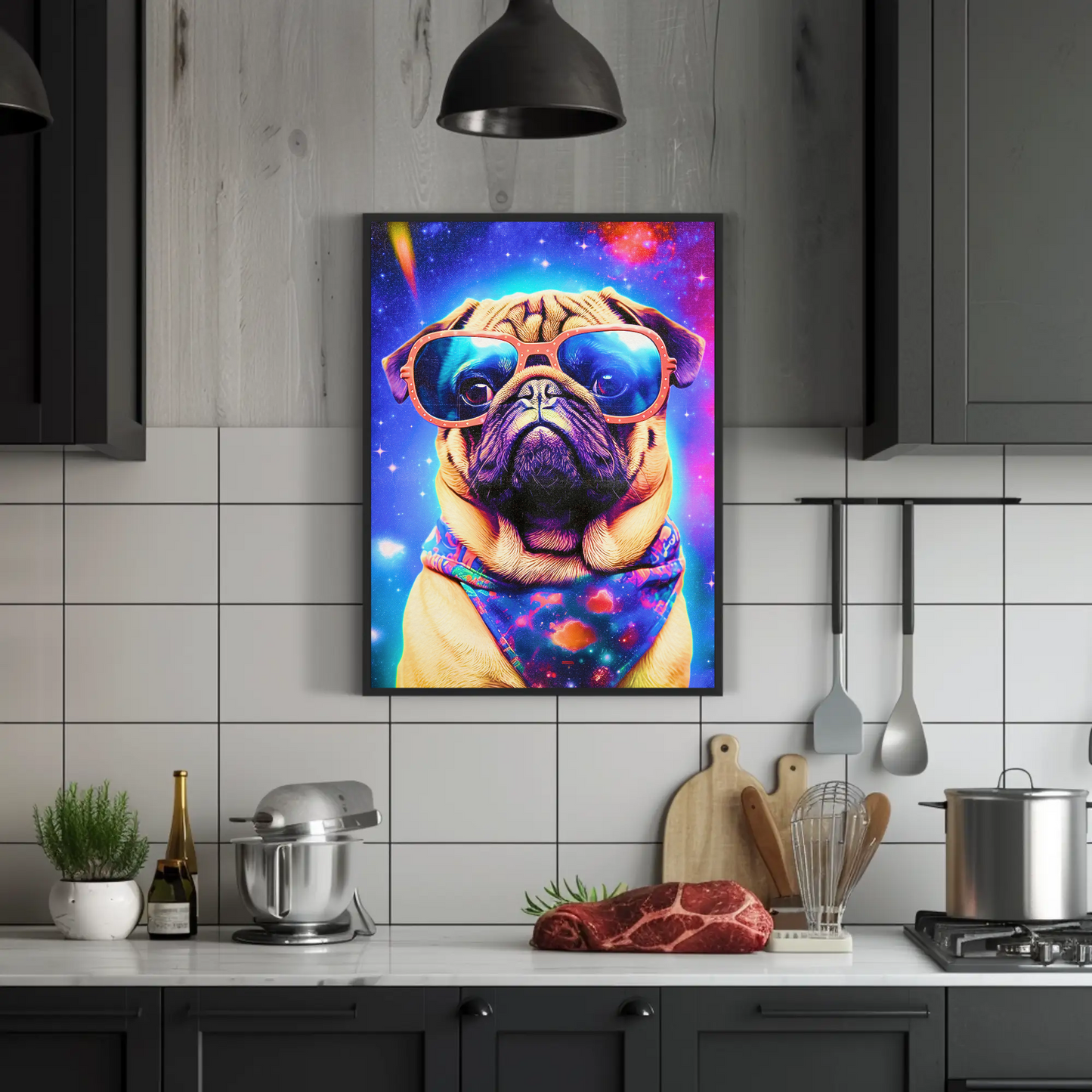 Space Pug Dog Neon Galaxy Glasses Cool Poster Art
