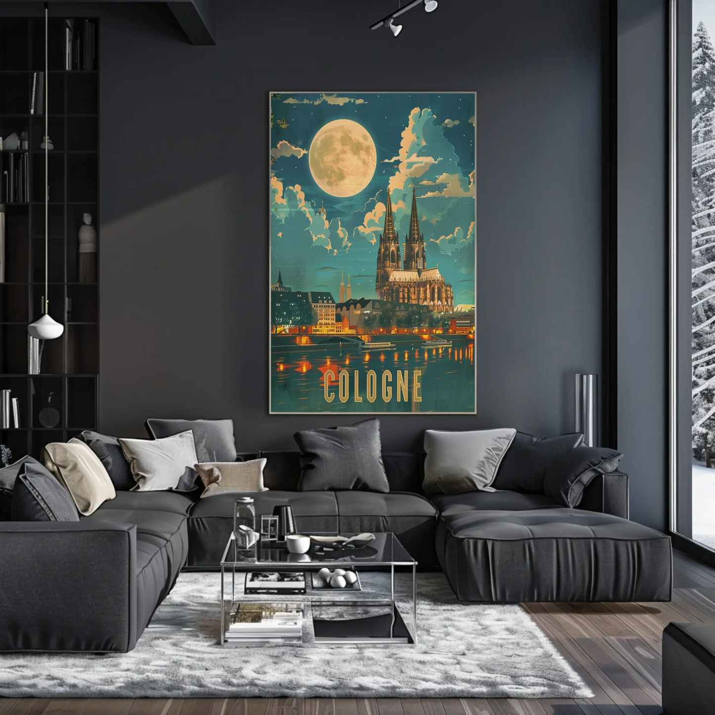 Cologne Cathedral Moonlight River Reflection Travel Poster