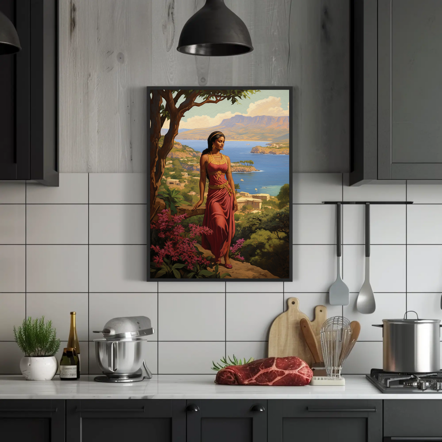 Mediterranean Woman Overlook Coastal Beauty Vintage Travel Poster