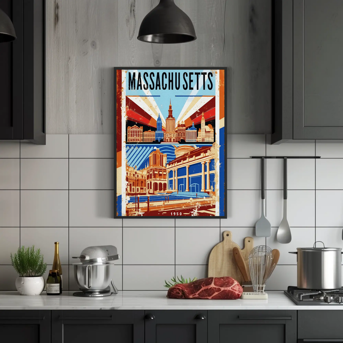 Massachusetts USA 1950 Capitol Skyline Vintage Travel Poster