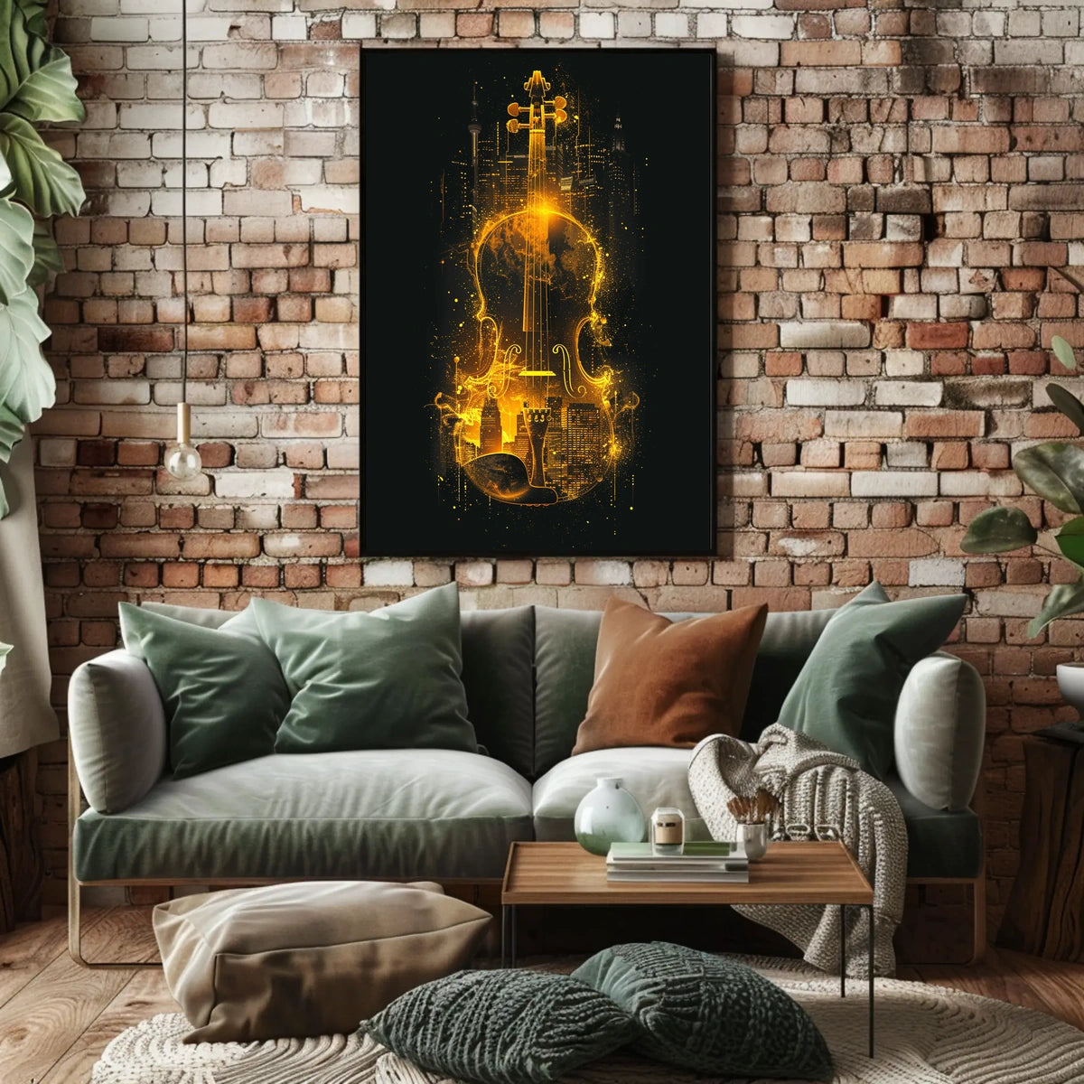 Symphony City Urban Music Vibe Violin Silhouette Impressionism Art Deco Golden Tones Nightlife Cityscape Poster