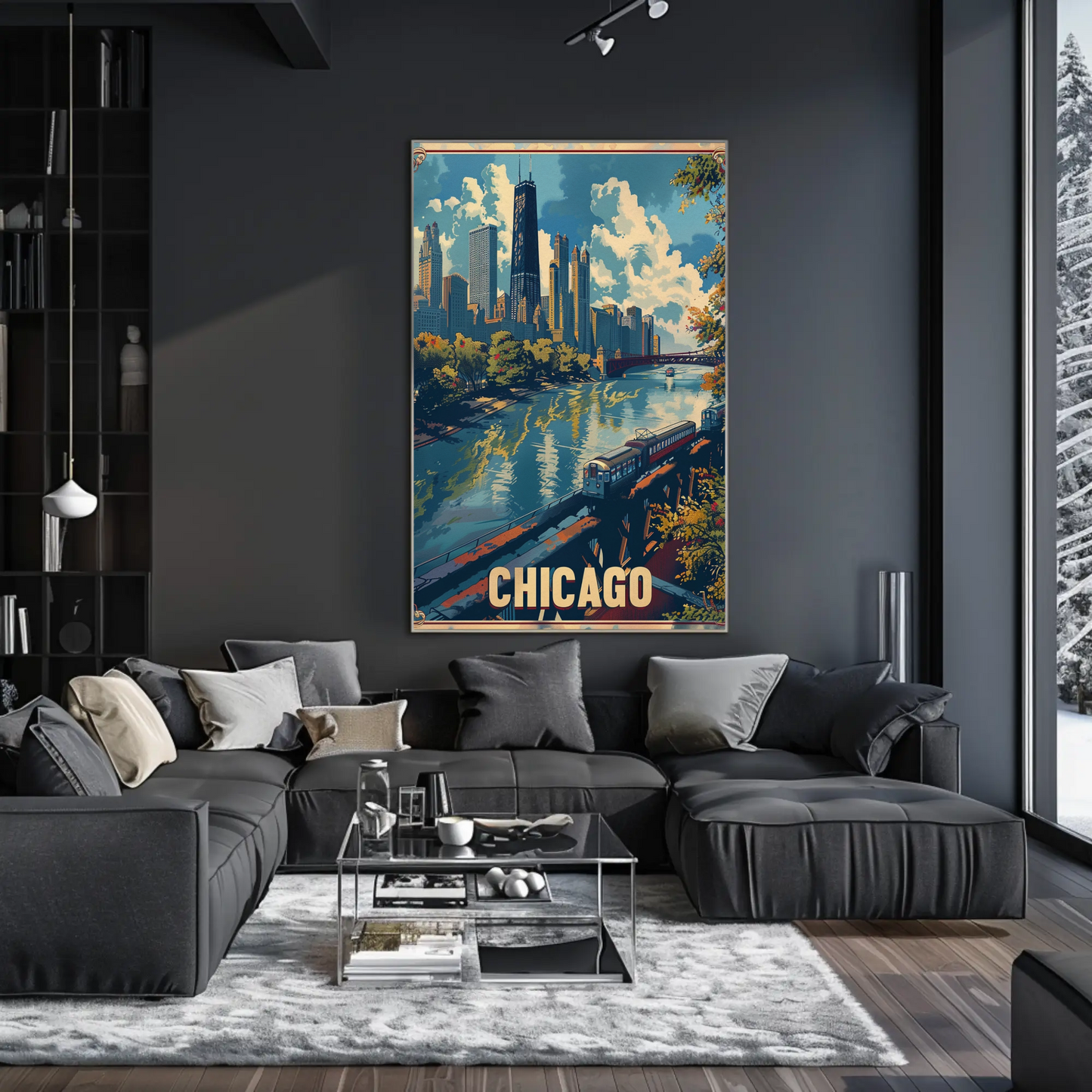 Chicago Train City Buildings Waterfront Skyline Travel Poster