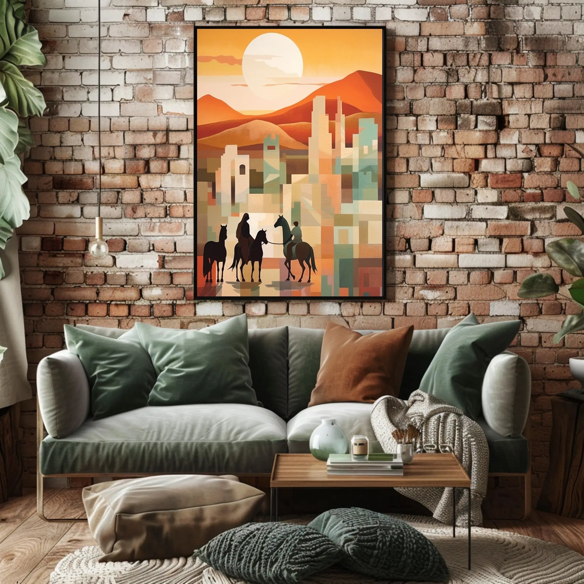 Sunset Riders in a Desert Cityscape Poster