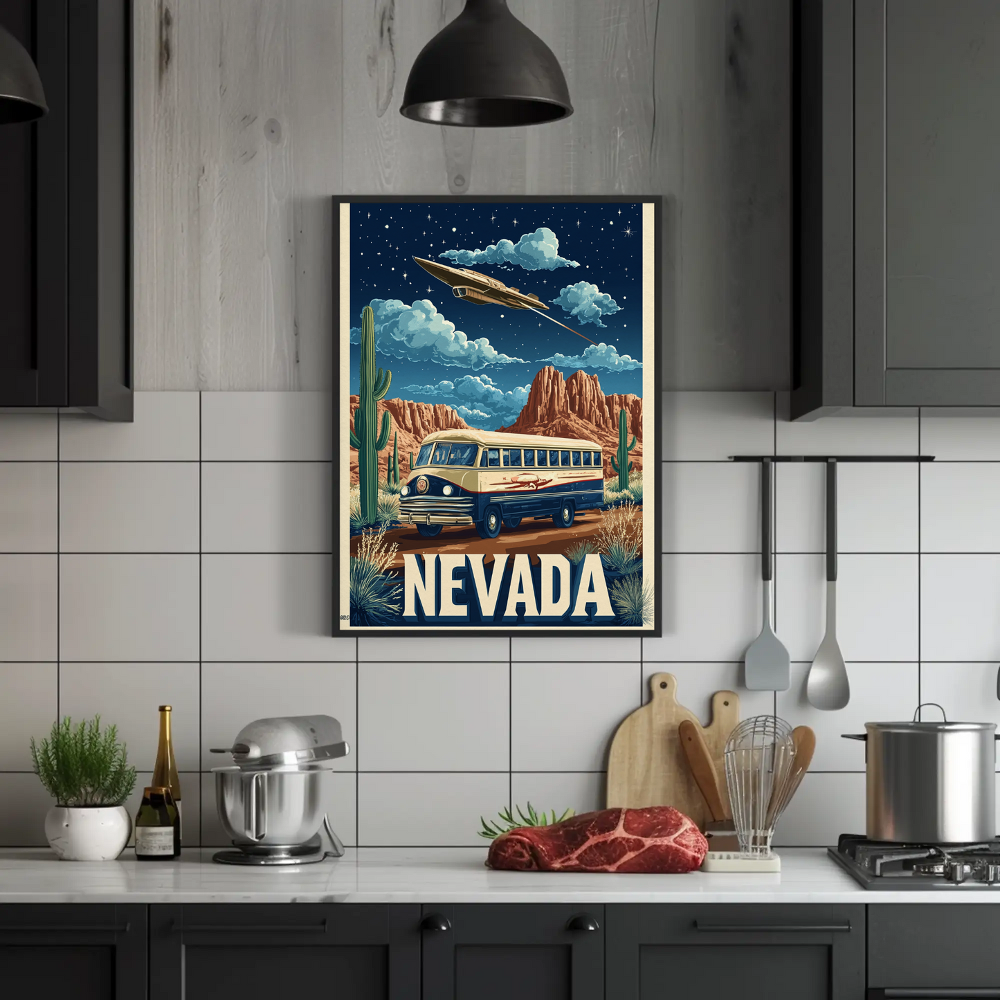 Vintage Poster Nevada Desert Bus UFO