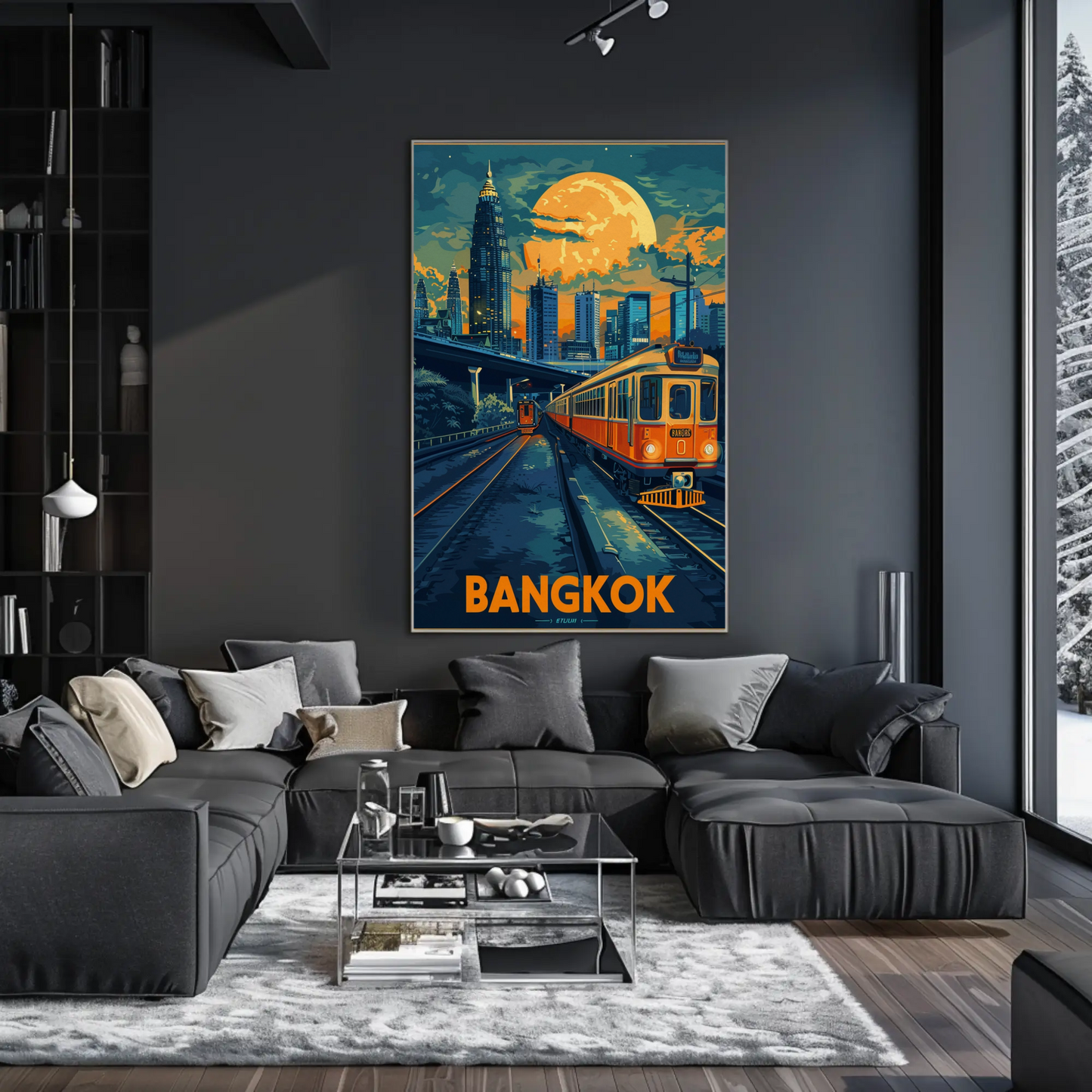 Bangkok Skyline Train Moonlight Glow Travel Poster