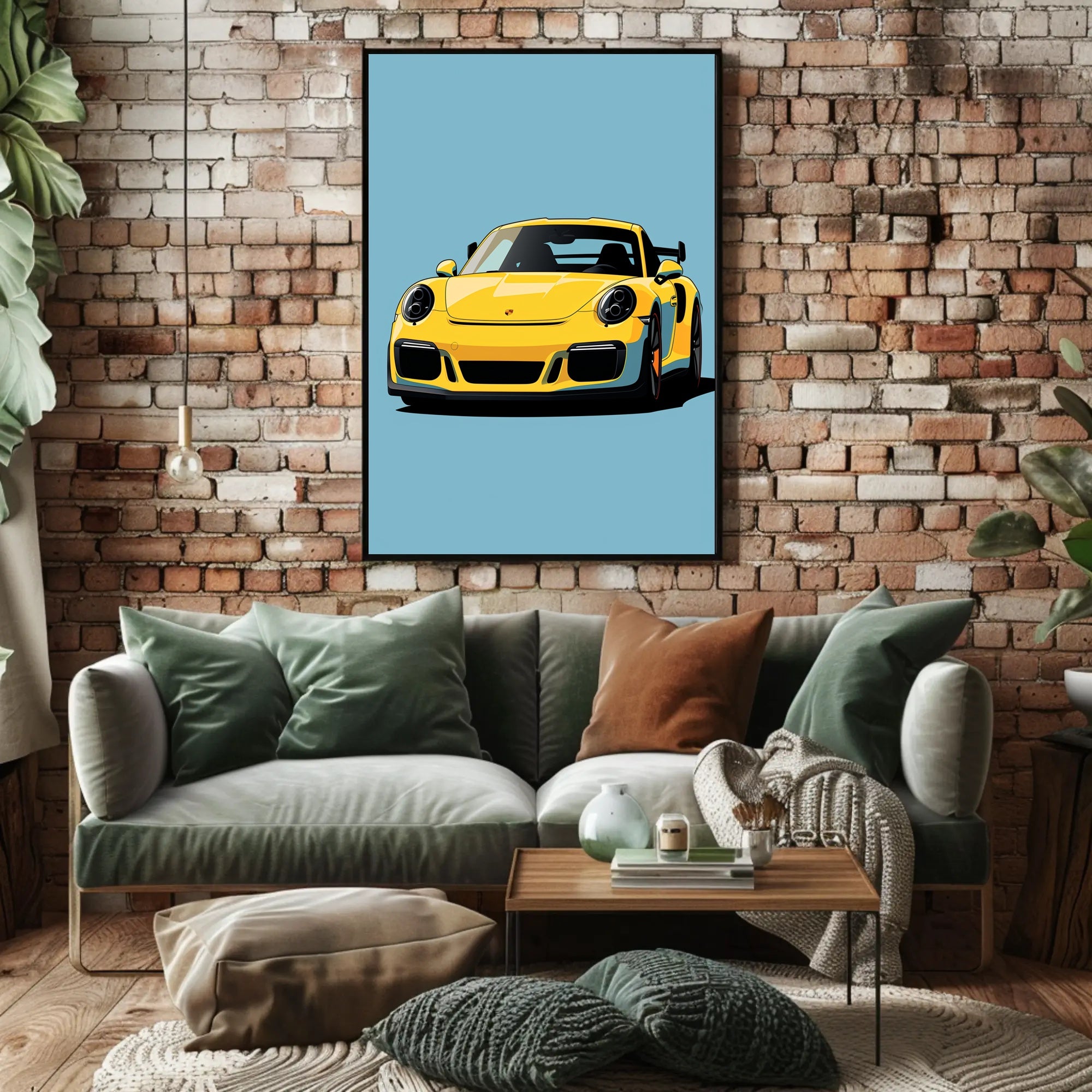 Vibrant Yellow Sports Car Illustration Poster PosterGoat