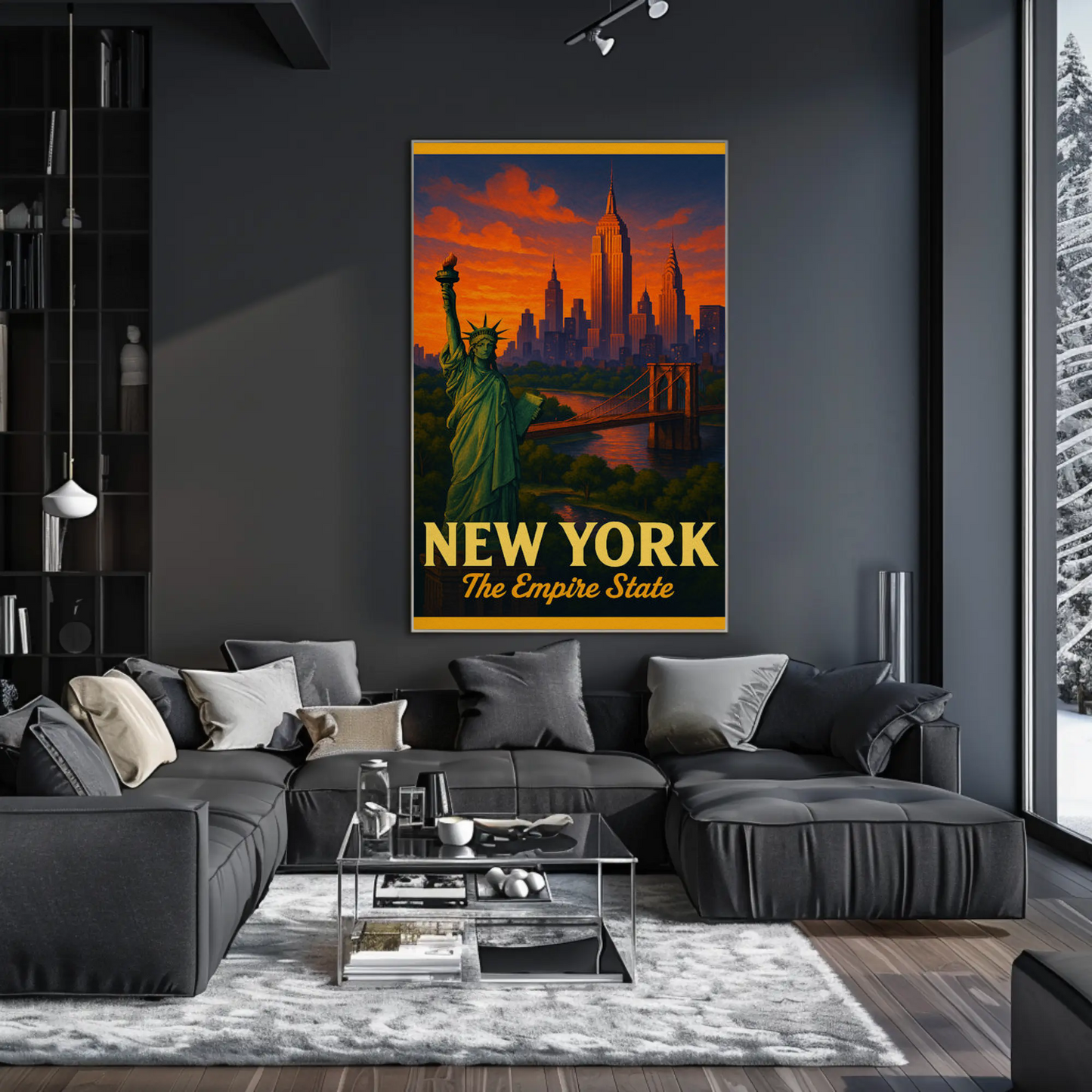 New York Empire State Liberty Brooklyn Bridge Sunset Travel Poster