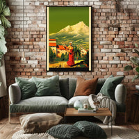 Serene Mountain Village with Traditional Attire Poster
