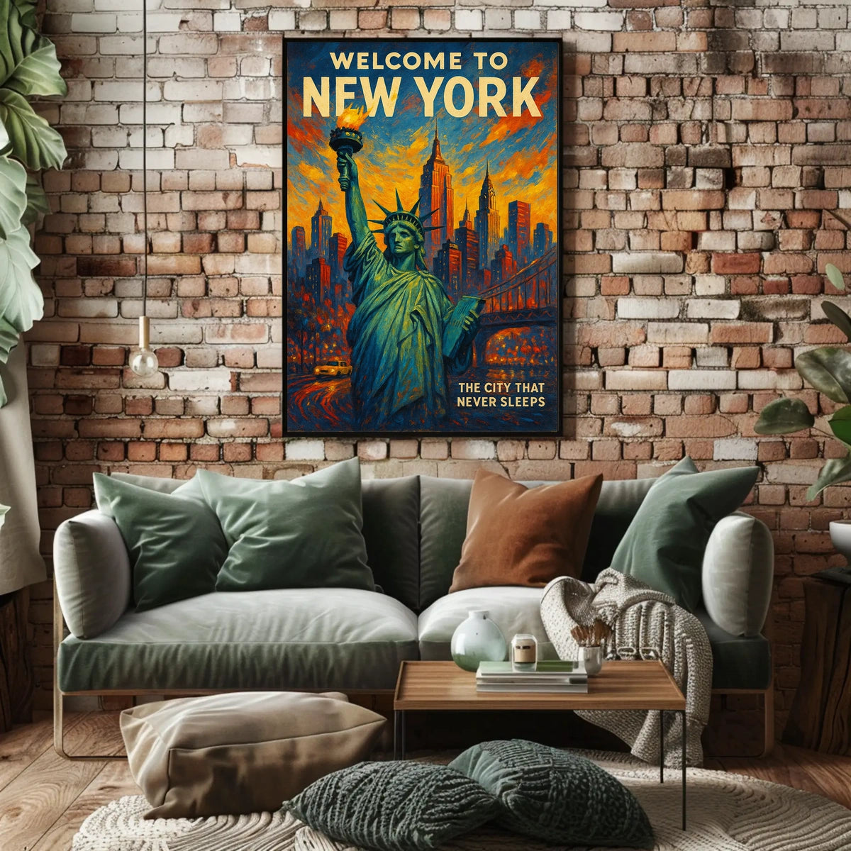 New York Skyline Sunset Art Poster Vintage Wall Art