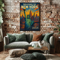 New York Skyline Sunset Art Poster Vintage Wall Art