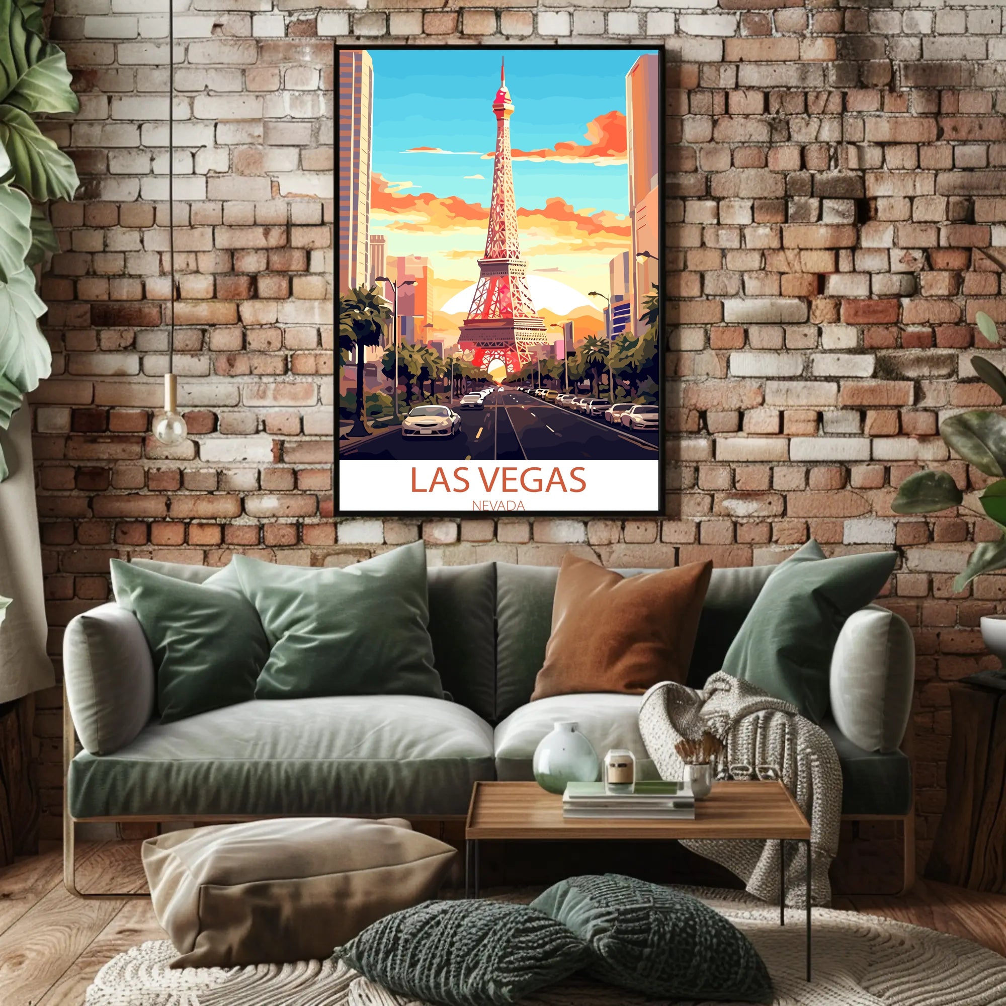 Las Vegas Cityscape with Eiffel Tower Travel Poster
