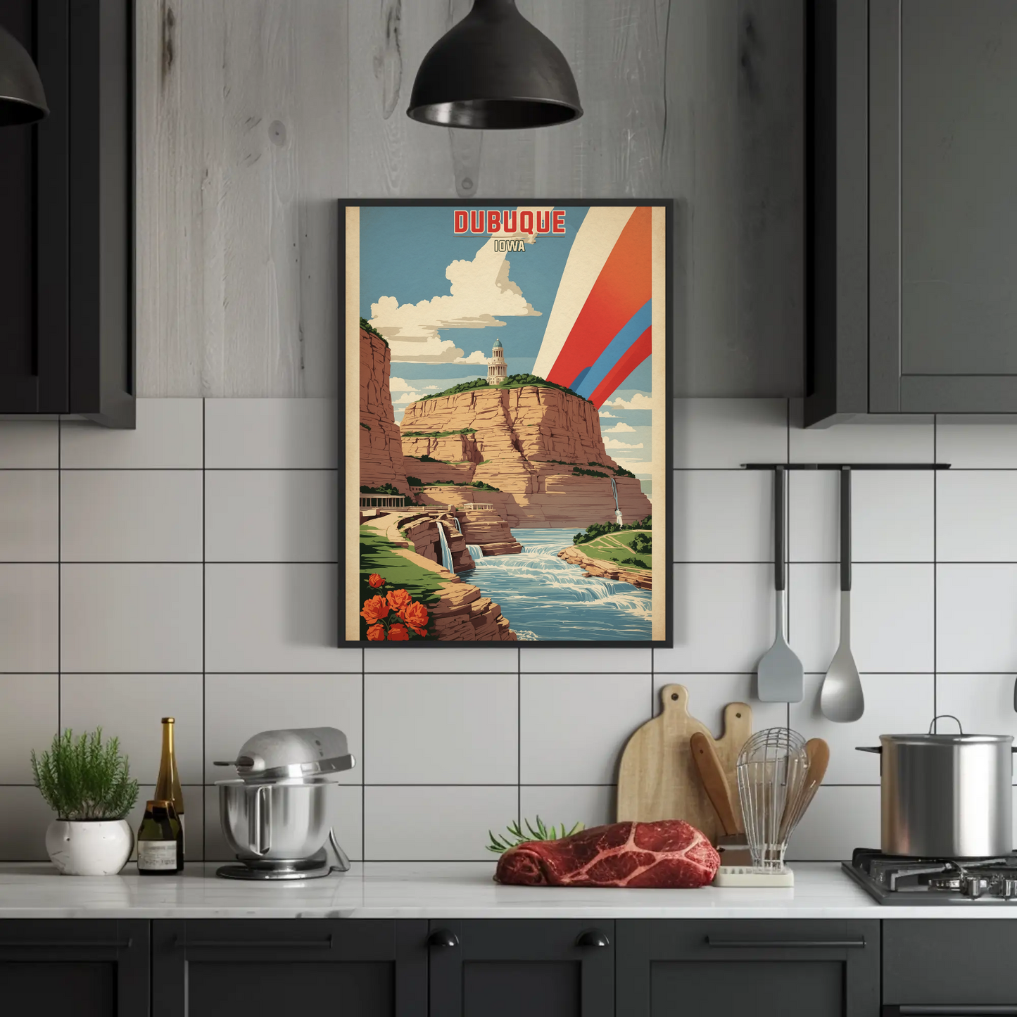 Dubuque Iowa Canyon River Tower Vintage Travel Poster