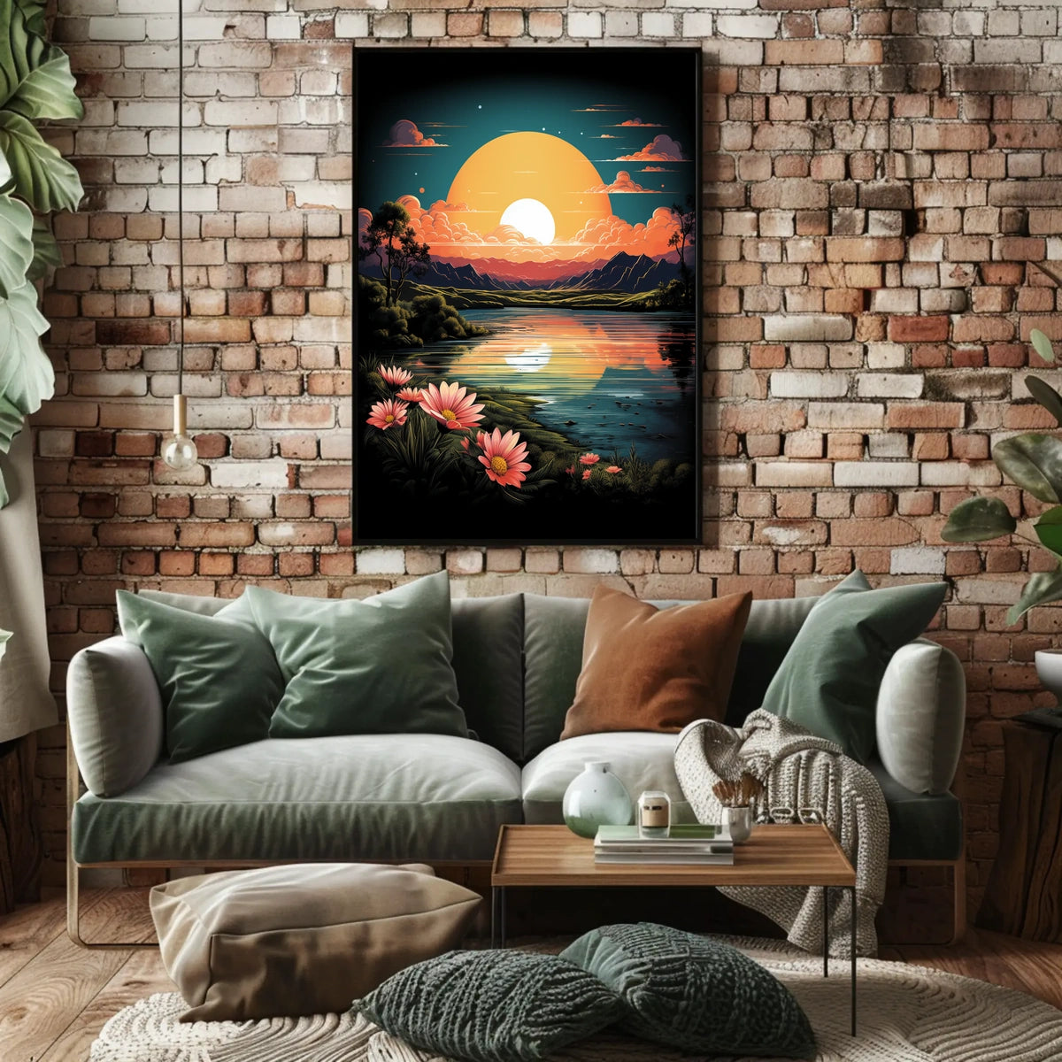 Tranquil Sunset Over Floral Landscape Poster