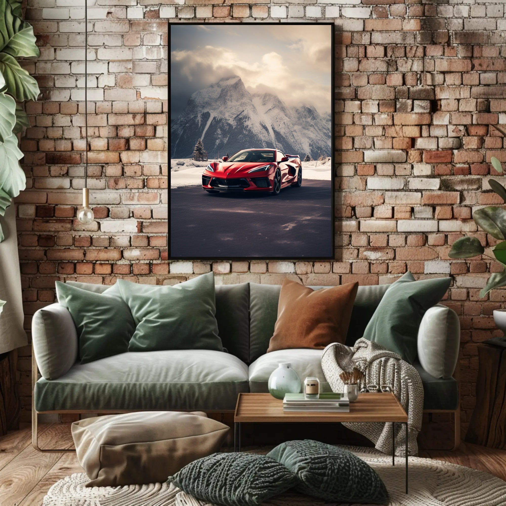 Sleek Red Sports Car in Alpine Landscape Poster PosterGoat