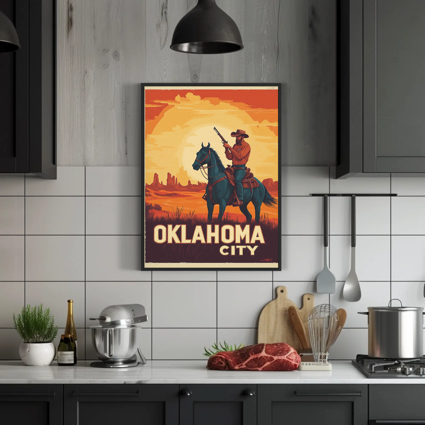 Oklahoma City Vintage Poster - Cowboy Sunset