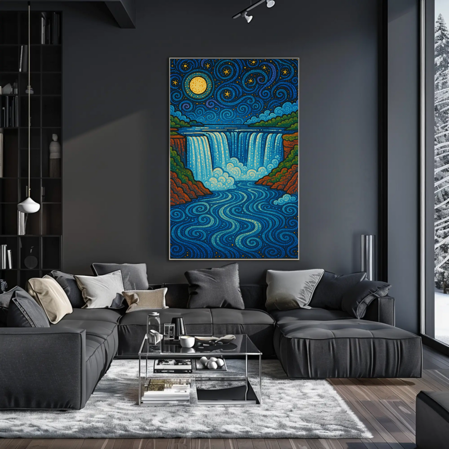 Starry Waterfall Night Moon Swirling Travel Poster
