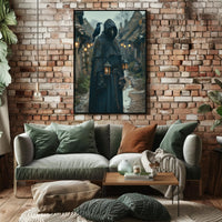 Mysterious Medieval Village Artwork with Plague Doctor Fantasy Poster PosterGoat