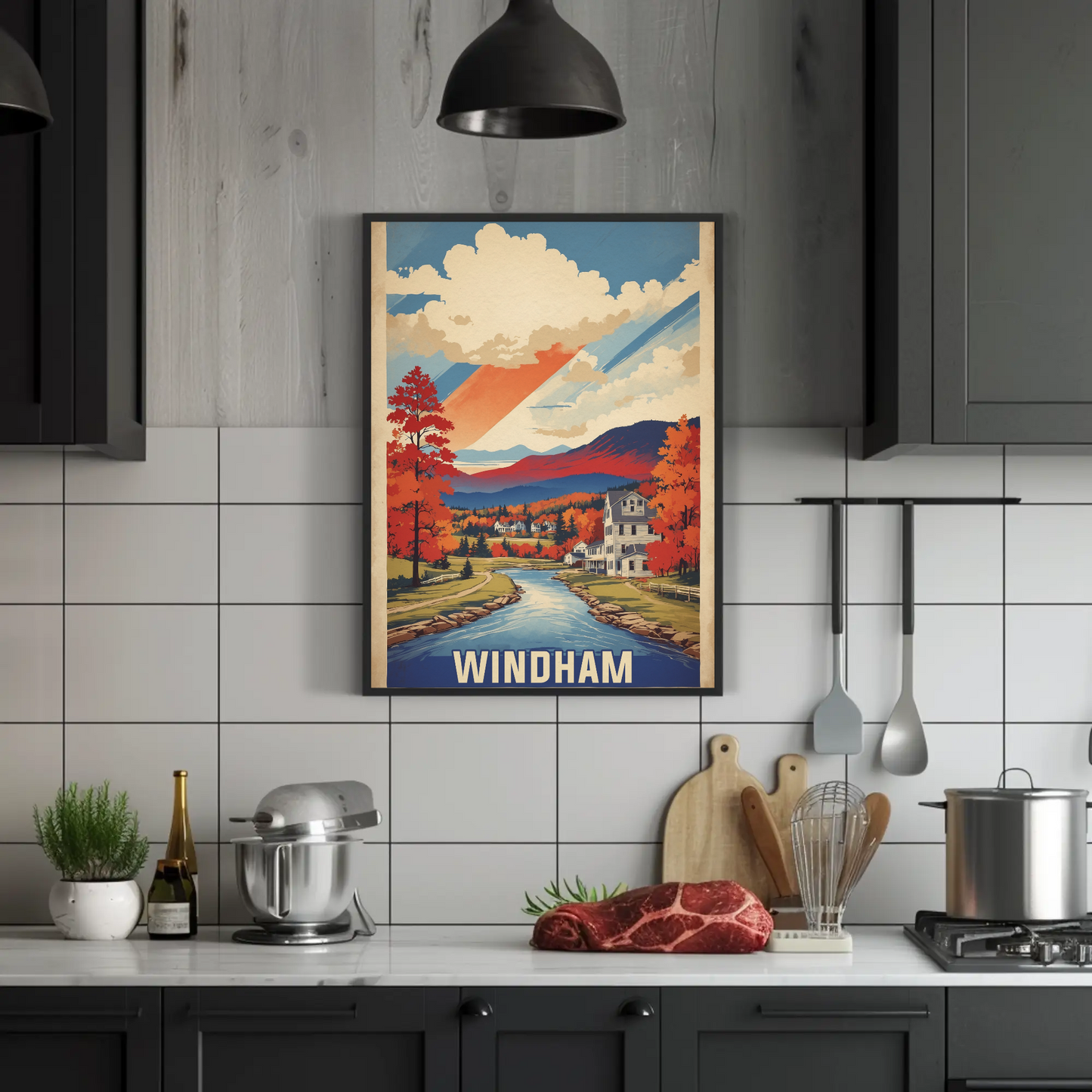 Windham Maine Lakeside Flag Retreat Vintage Travel Poster