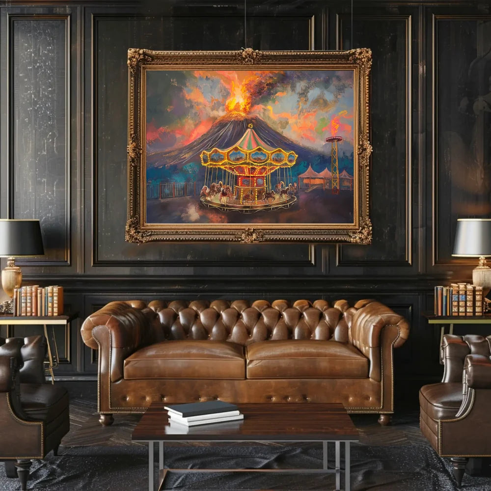 Surreal Carousel and Volcano Imaginative Art Poster