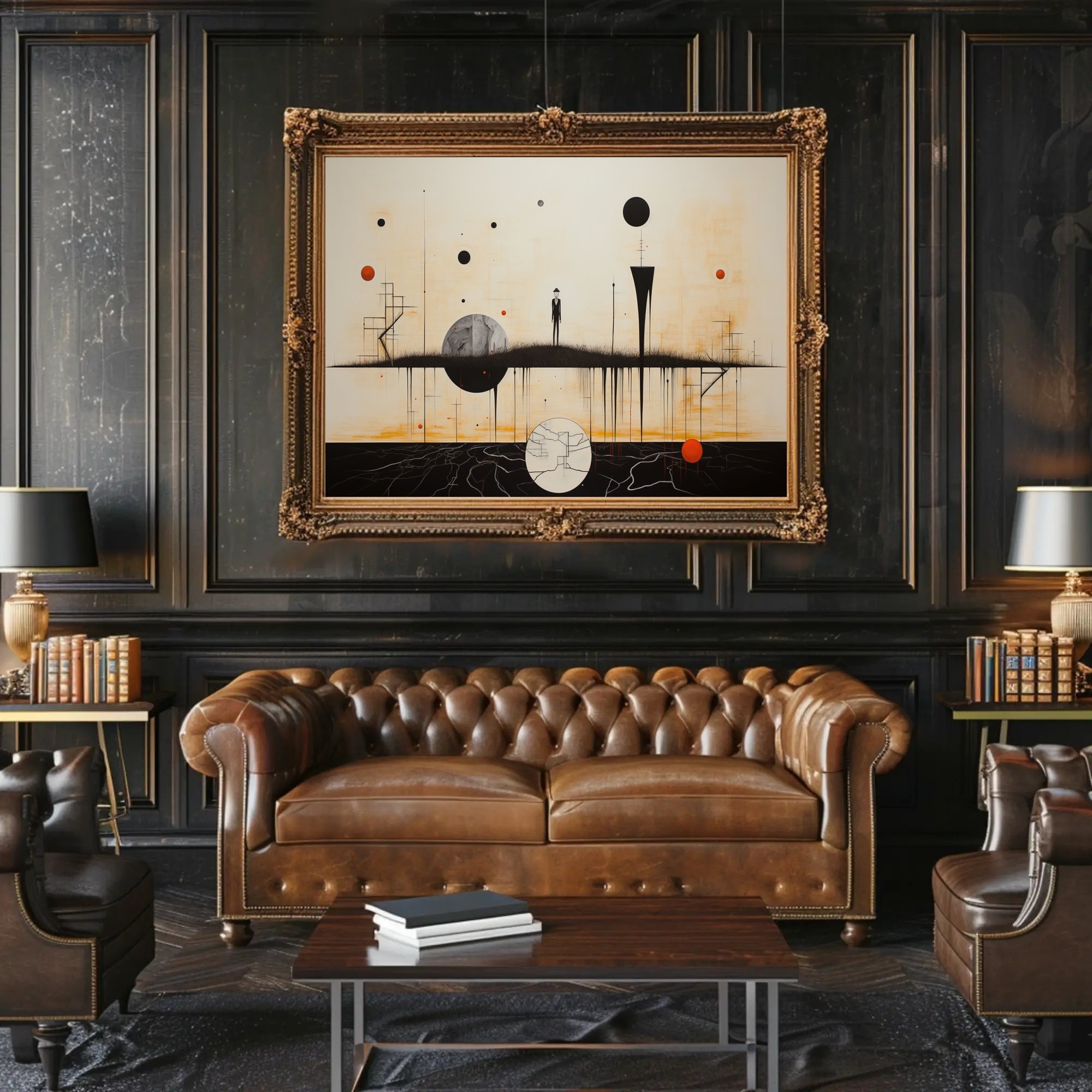 Surrealist Minimalist Scene with Celestial Bodies: Artistic Poster