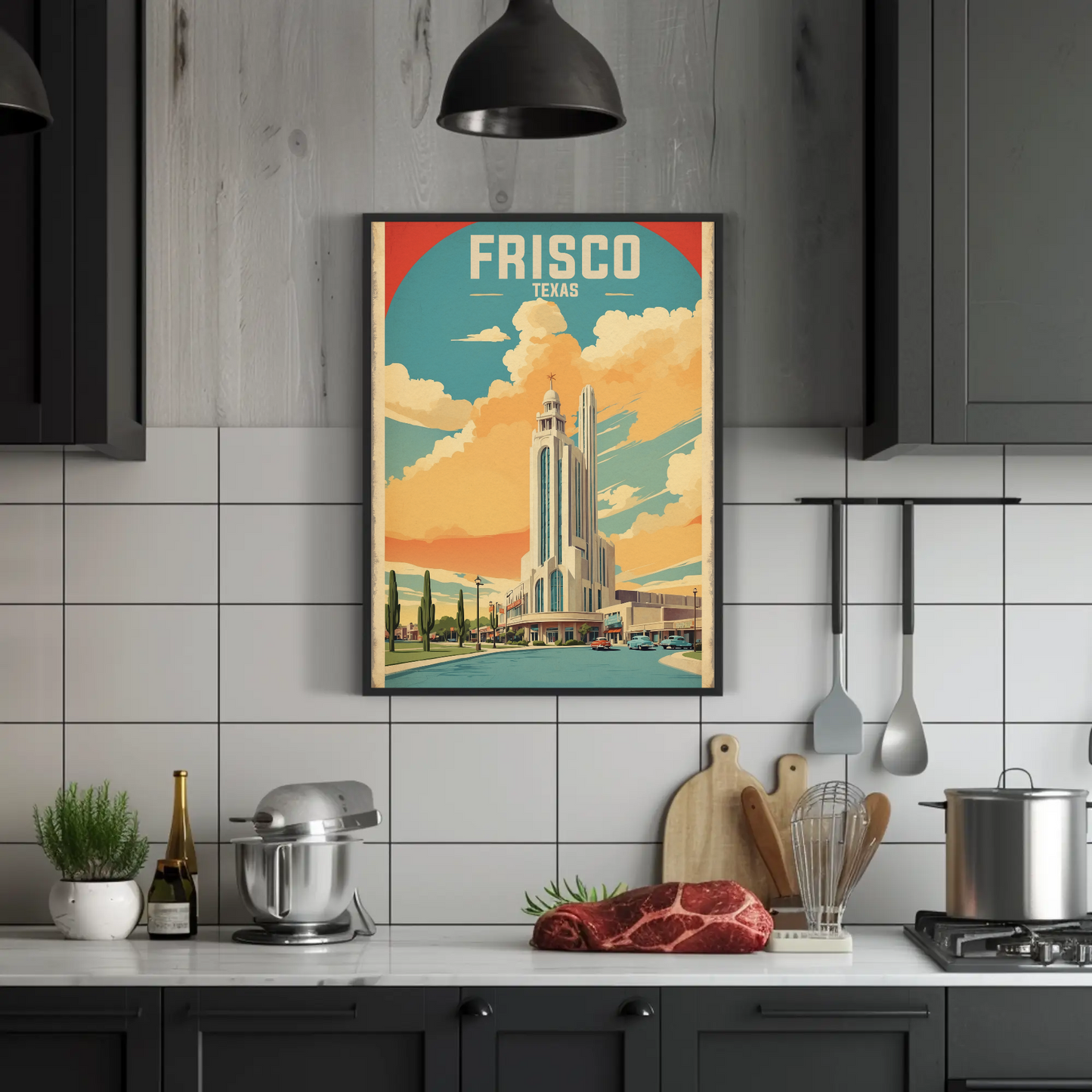 Frisco Texas Modern Tower Sunset Street Vintage Travel Poster