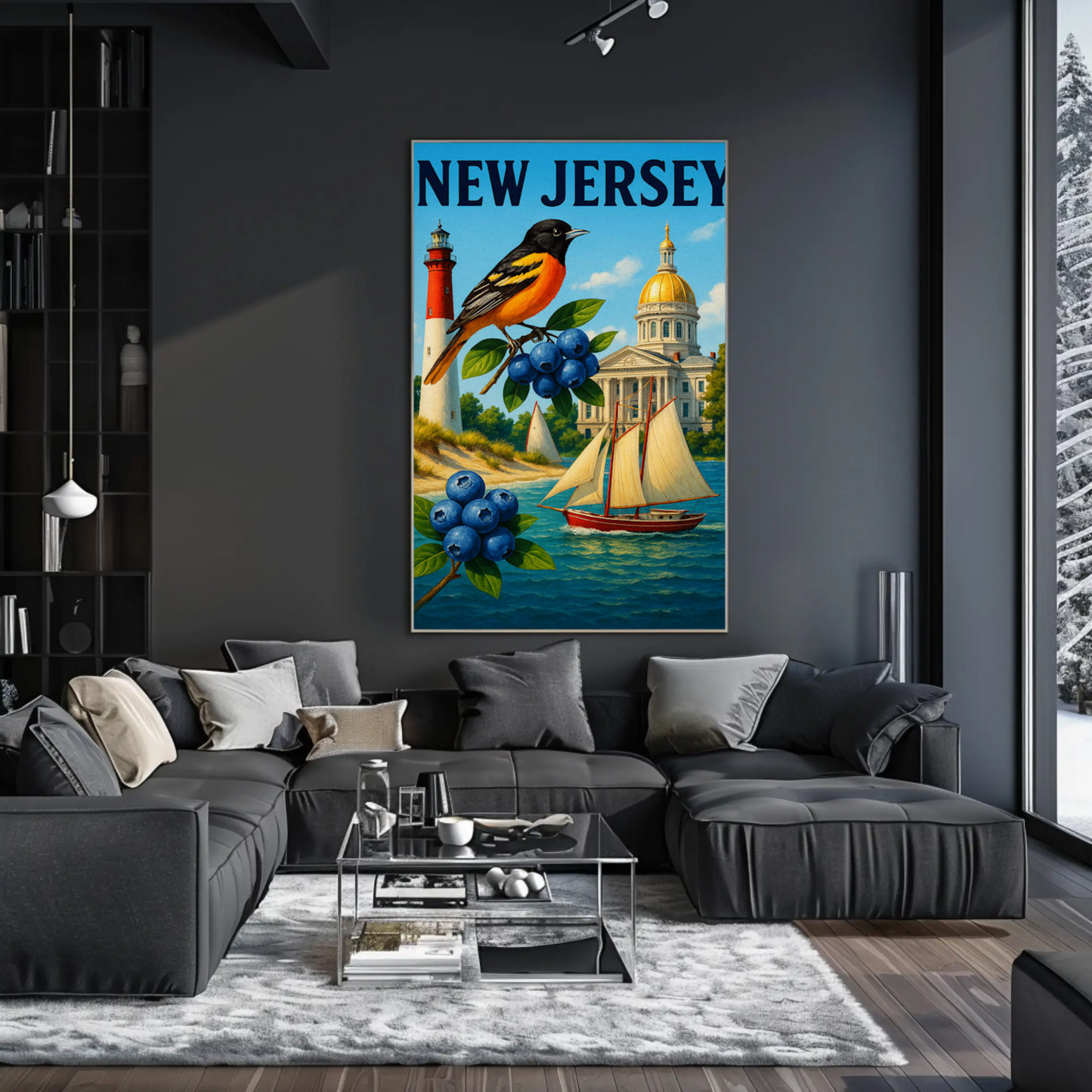 New Jersey State Symbols Blueberries Sailboat Bird Travel Poster Travel Poster