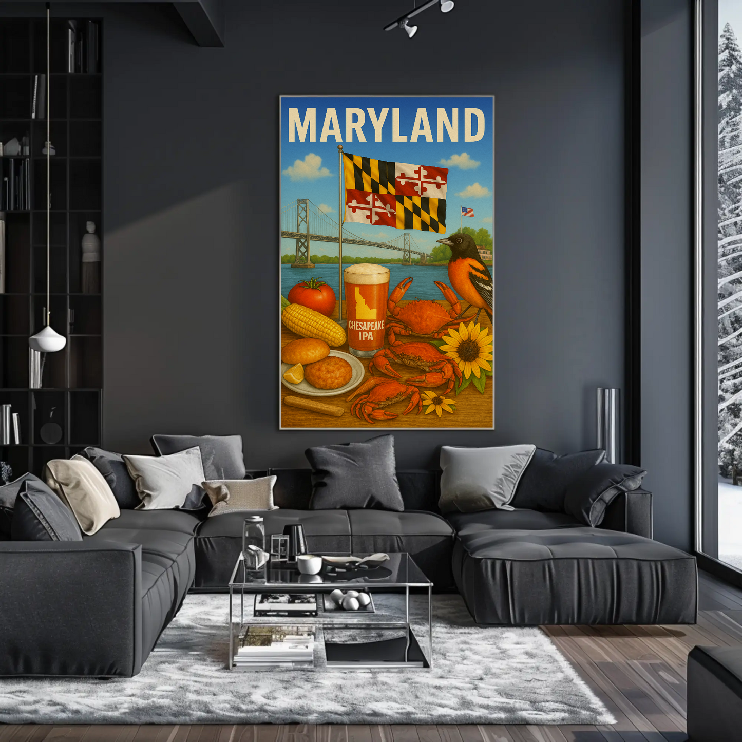 Maryland Crab Bridge Beer Corn Bird Flag Travel Poster