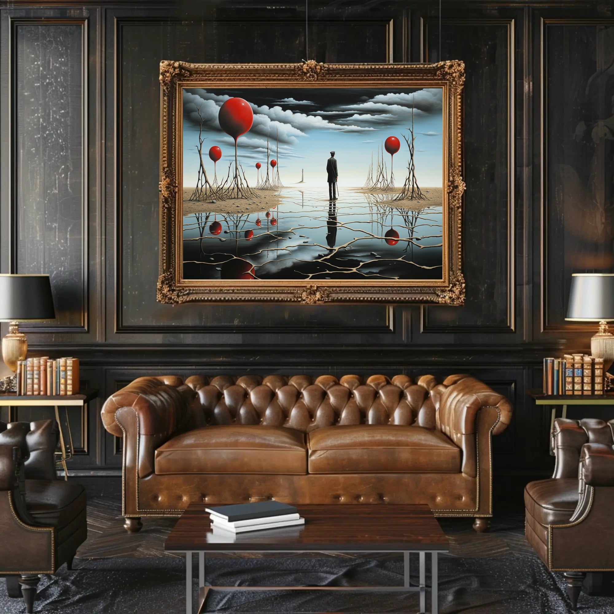 Enigmatic Reflection: Surreal Landscape with Timeless Figure Poster